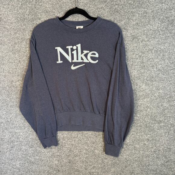 Nike Sweatshirt Womens Large Blue Cropped Sweater Fleece Center Swoosh Pullover - Picture 1 of 8